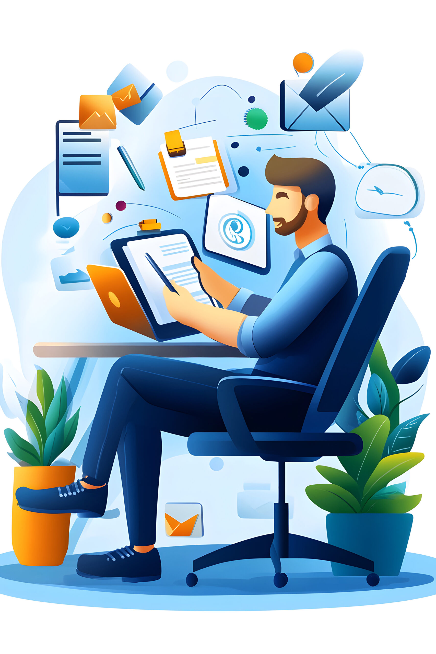 businessman working at desk with laptop and paperwork.